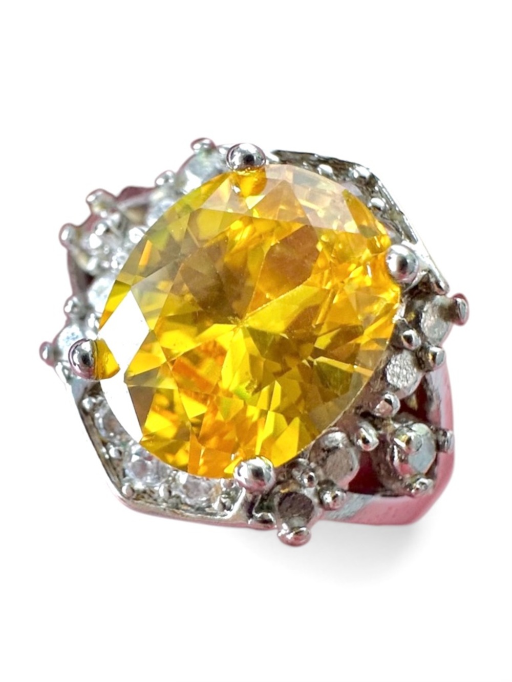 💛Faux Citrine Silver Tone Cocktail Ring